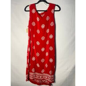 Vintage 90s Norton McNaughton Red White Ornate Print Sleeveless Sheath Dress